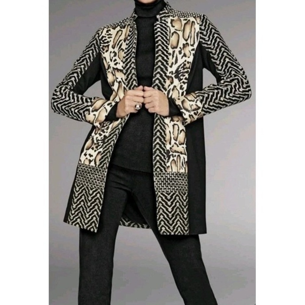 Chicos Leopard Chevron Longline Open Topper Jacket Womens Sz 0 S Black Boho Chic